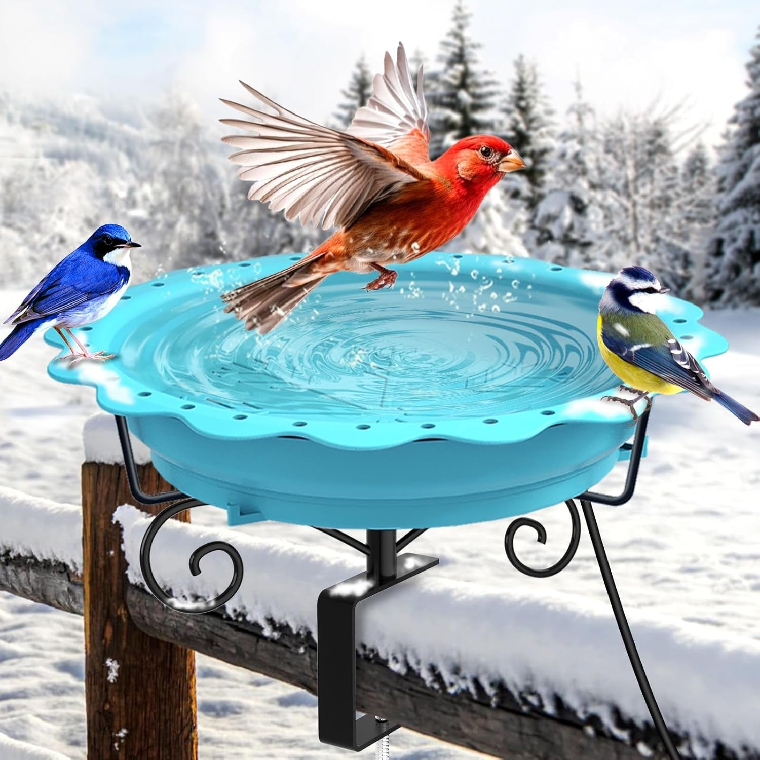 Heated Bird Bath 100W Thermostat Blue Deck Mount Winter Outdoor Water Feeder