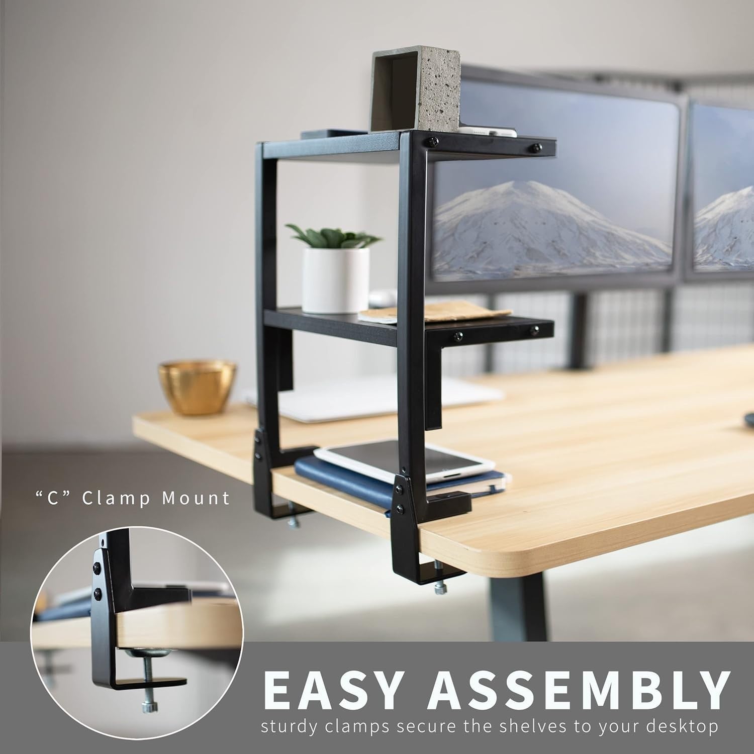 Clamp-On Desk Shelf 2-Tier 33cm Above/Below Mount Organizer for Office & Gaming