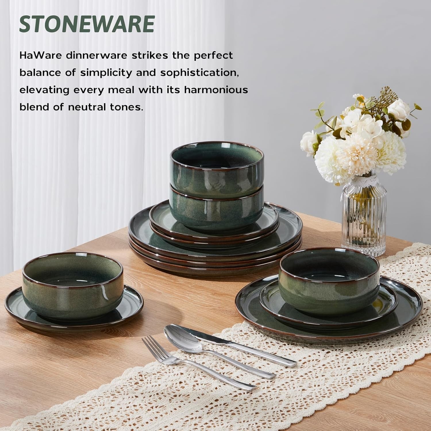 12pc Stoneware Dinner Set for 4 Green Plates Bowls Microwave Safe
