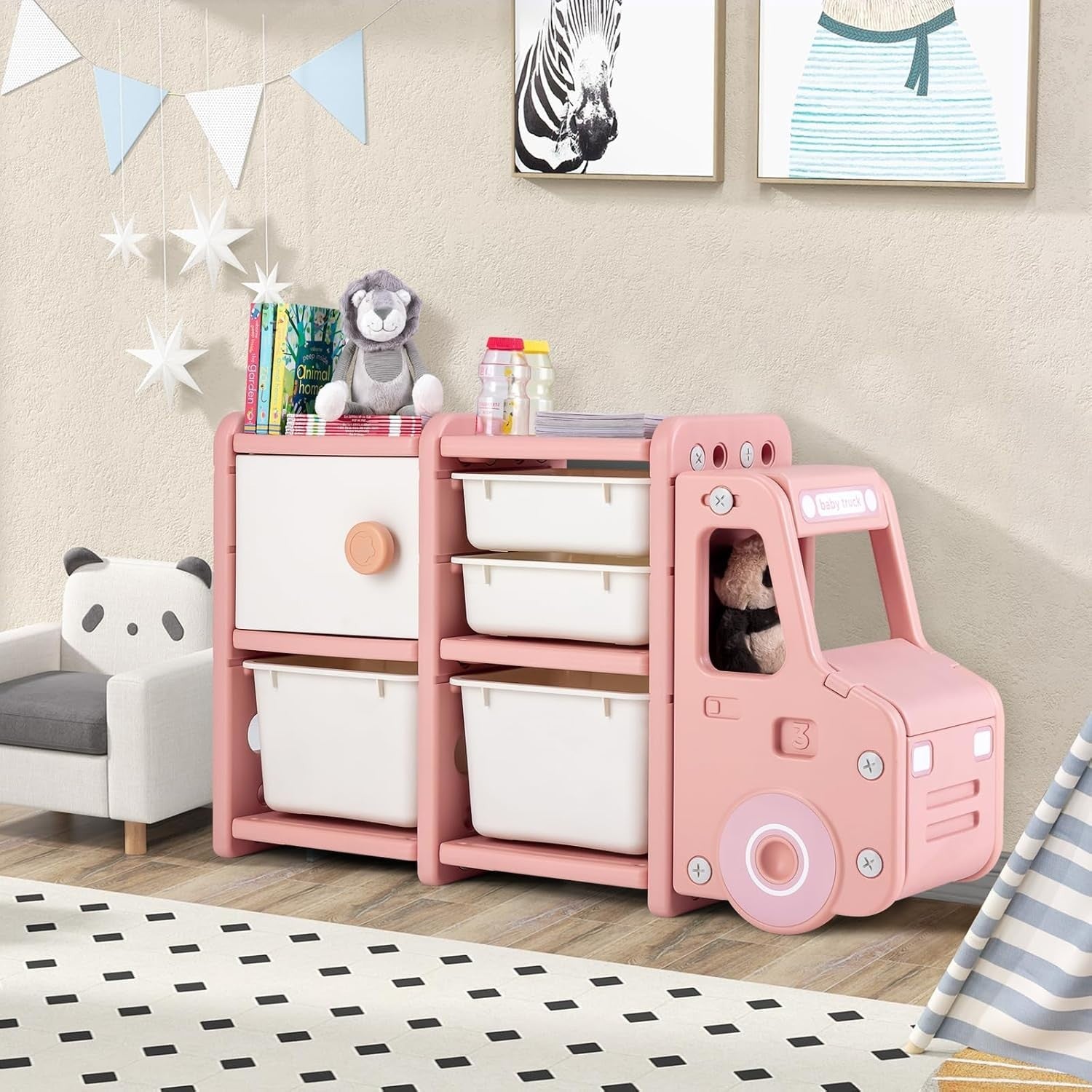 Kids Toy Storage Unit Car Shape with Bins Drawers & Cabinets 112x35x66cm