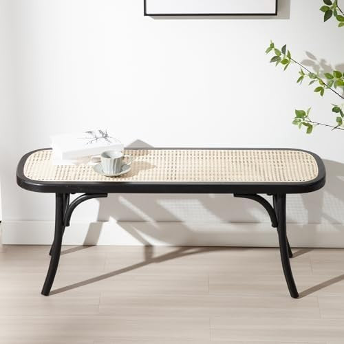 Black Rattan Ottoman Bench with Wood Legs – Retro Dining & Hallway Seat