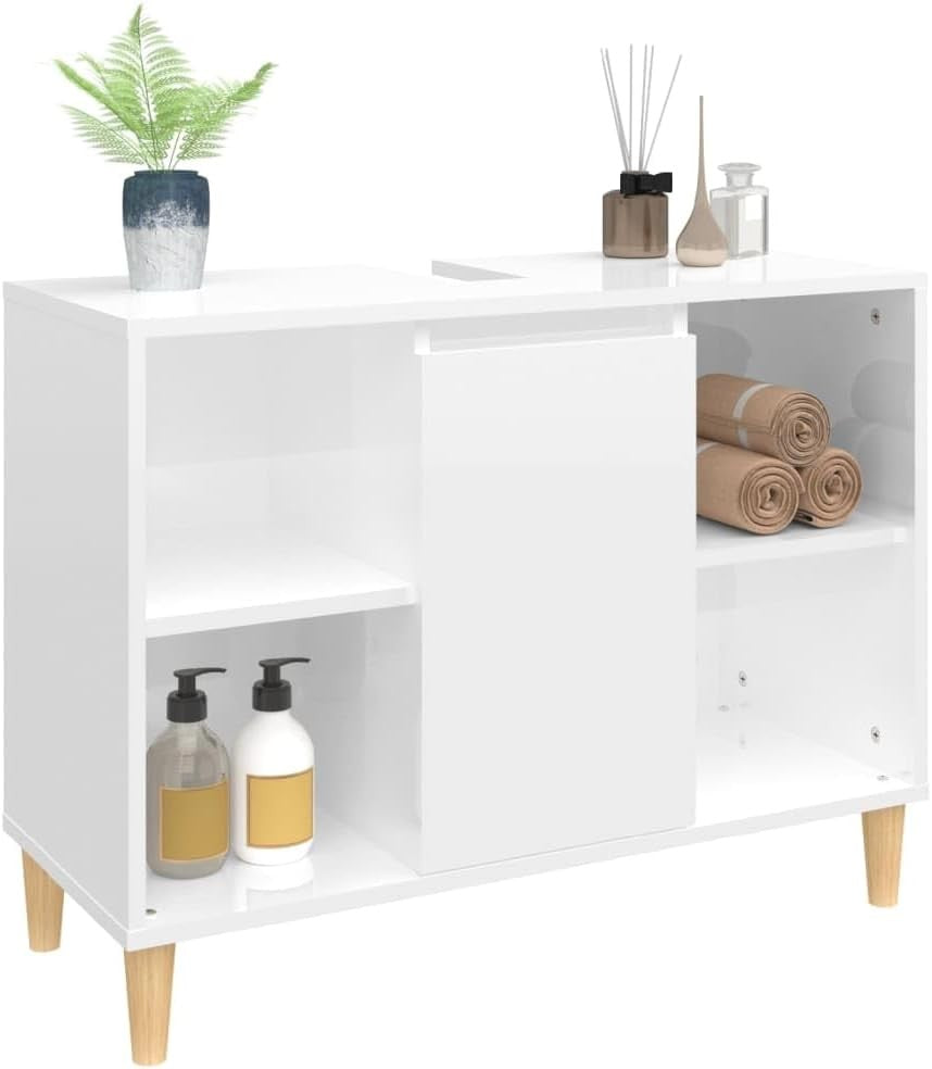High Gloss White Bathroom Vanity Cabinet with Door & Shelves | Modern Under Sink