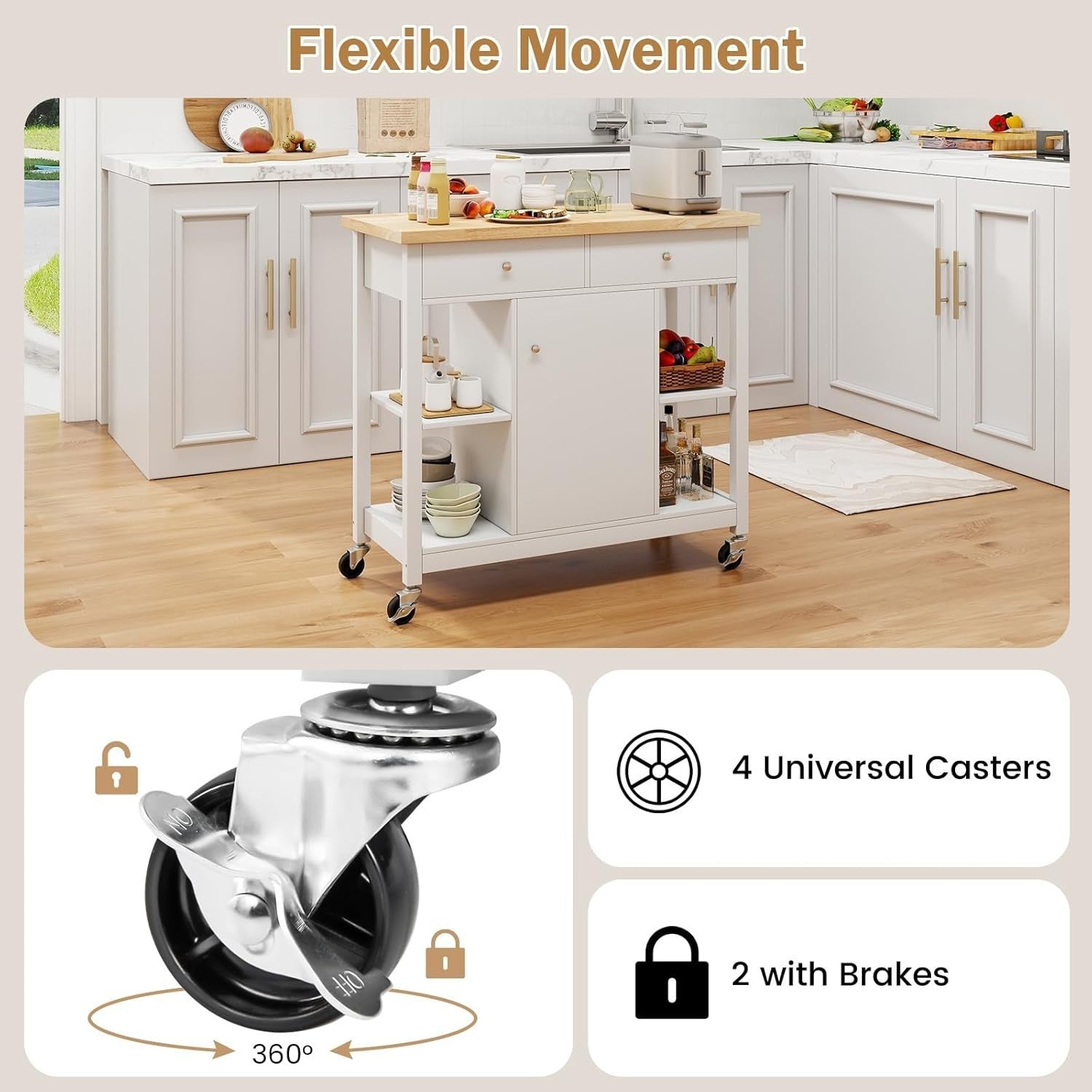 Kitchen Island on Wheels Storage Trolley Cabinet Drawers White