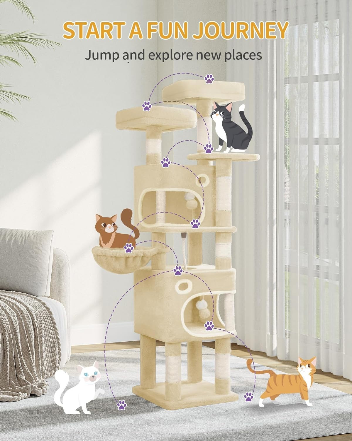 Cat Tree 159cm Tall Tower Condo Scratching Posts Platforms Caves & Basket