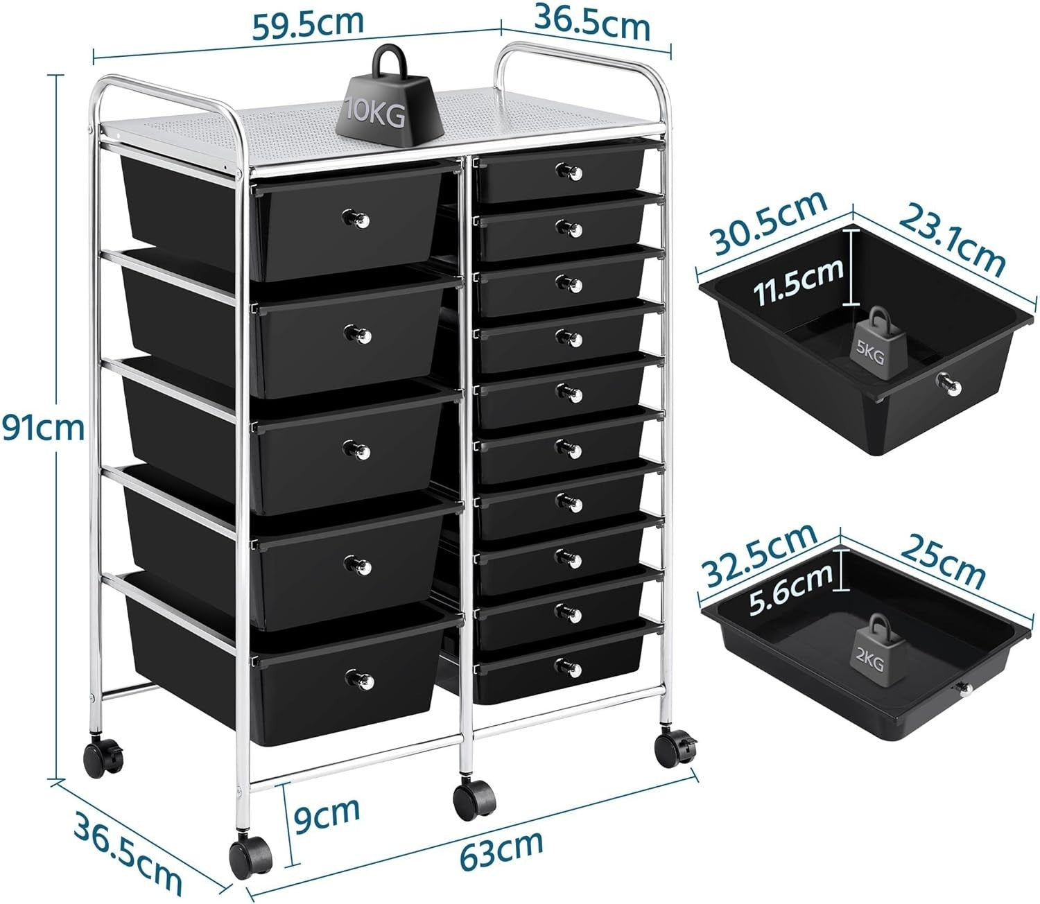 15 Drawer Rolling Storage Cart Organizer Trolley on Wheels Black