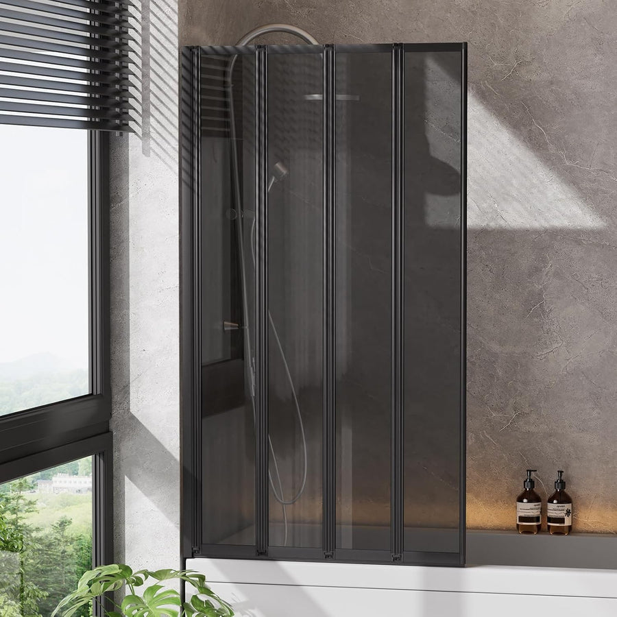 Black 4 Panel Folding Shower Screen 800x1400mm Tempered Glass Bath Screen