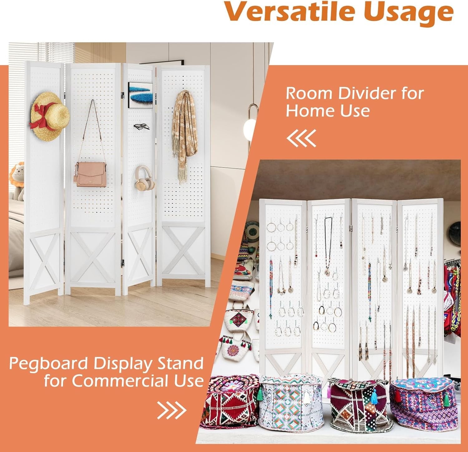 4 Panel White Wooden Folding Room Divider with Pegboard Display 162x170cm