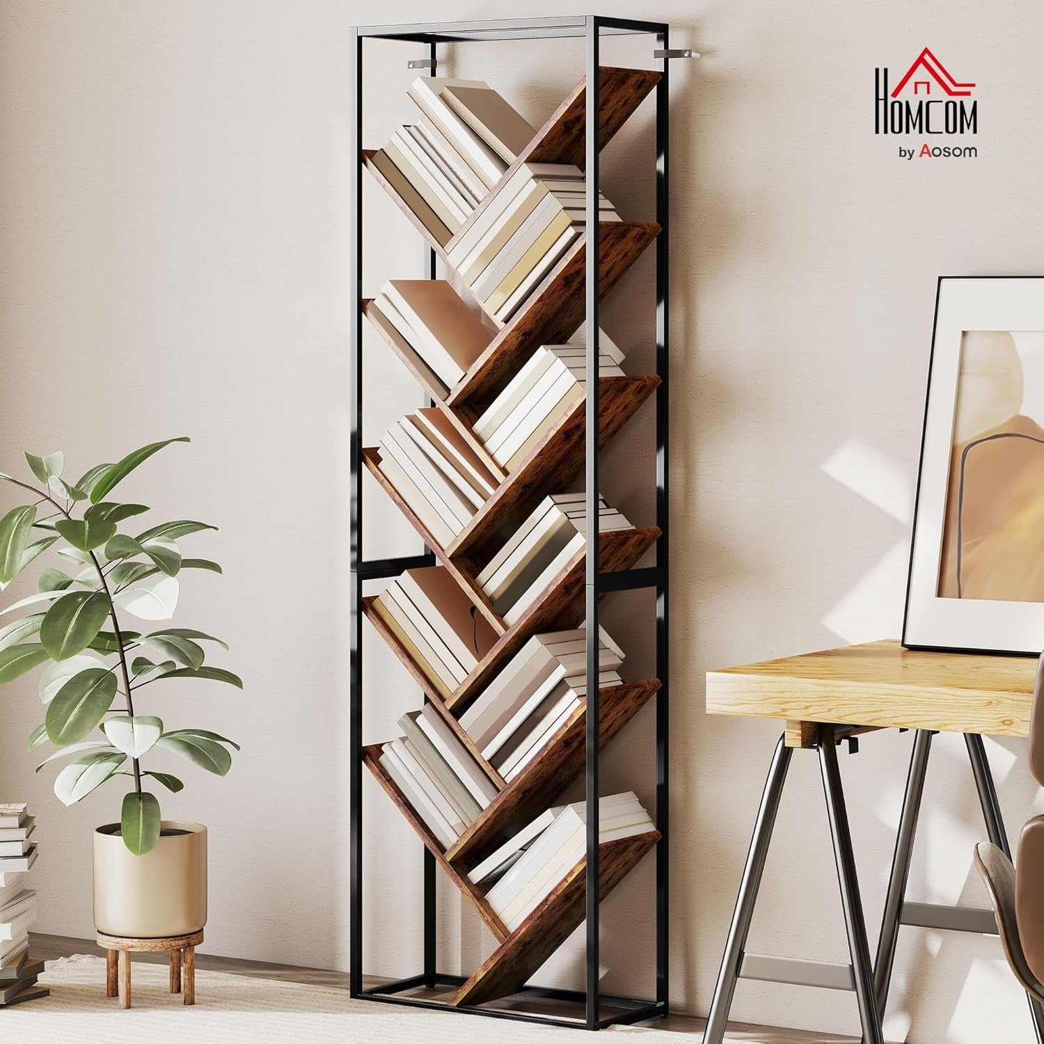 10-Tier Tree Bookshelf Industrial Tall Display Storage Unit for Living Room Offi