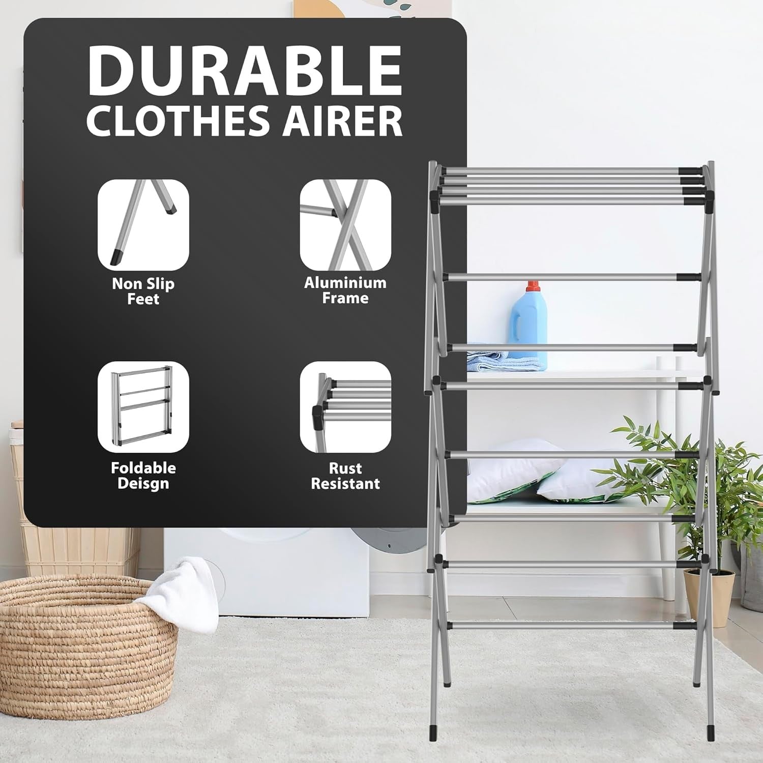 Foldable Clothes Airer Extendable Drying Rack Aluminium Indoor Outdoor Towels
