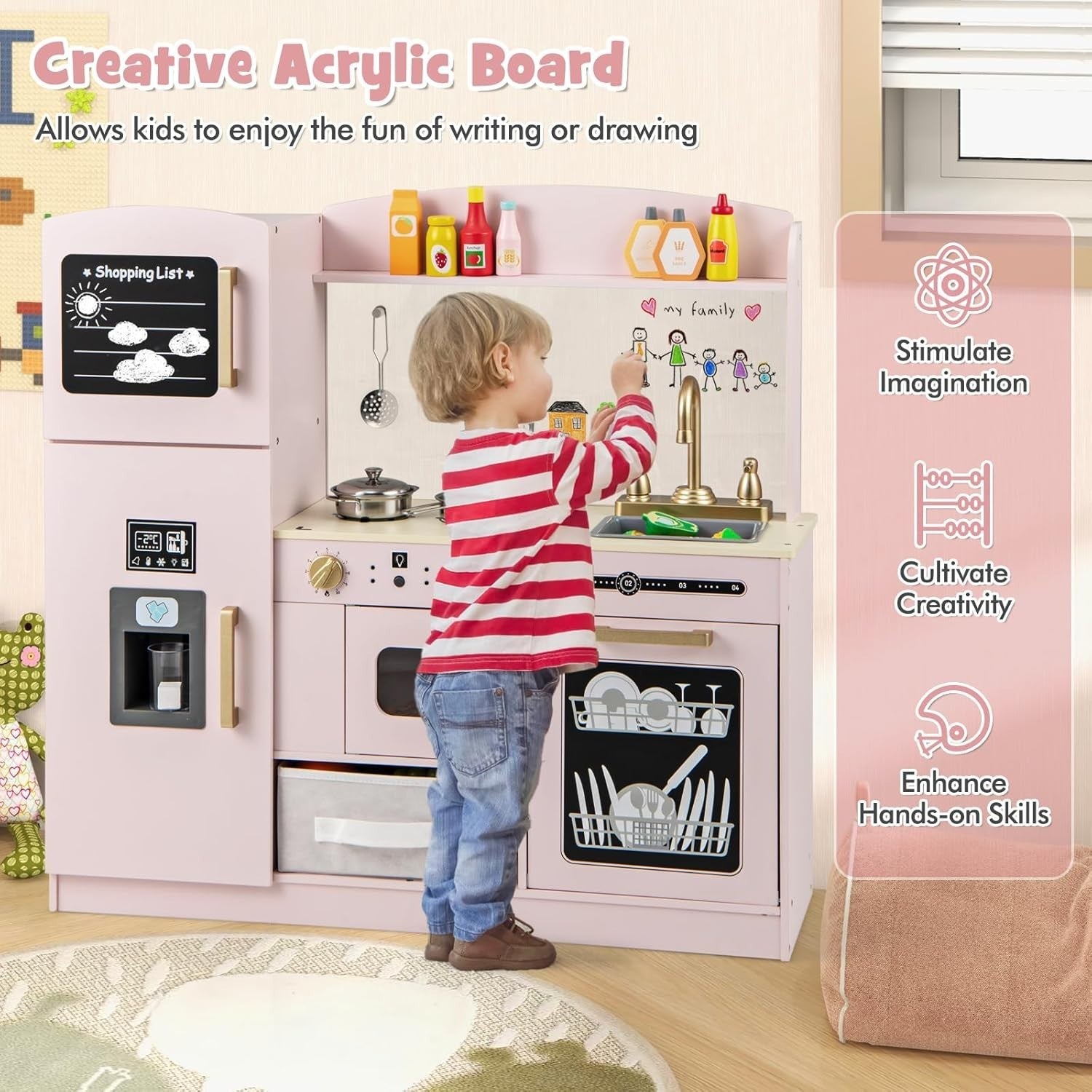 Kids Wooden Play Kitchen w/ Chalkboard Ice Maker Pink Toy