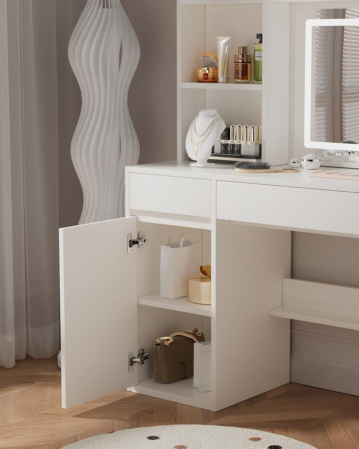White Modern Vanity Table Dressing Desk w/ Dimmer Mirror Lights & 2 Drawers