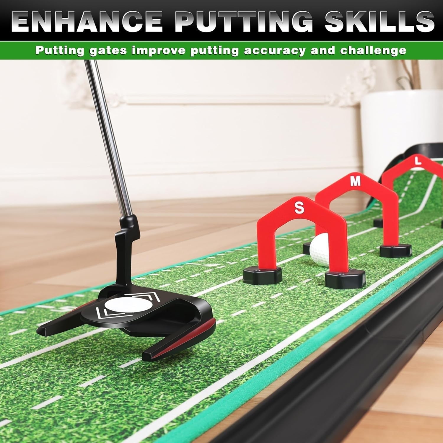 Dual Hole Golf Putting Green Indoor Trainer Mat w Mirror Gates