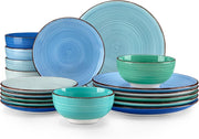 18pc Stoneware Dinner Set Blue Plates Bowls Hand Painted Spiral Design