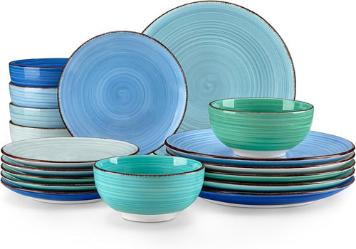 18pc Stoneware Dinner Set Blue Plates Bowls Hand Painted Spiral Design