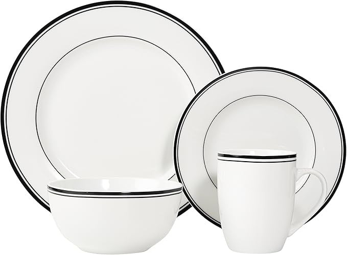 16pc Porcelain Dinnerware Set Black Stripe Plates Bowls Mugs Dishwasher Safe