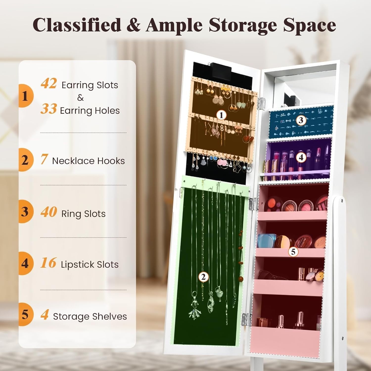 LED Full Length Mirror Jewelry Armoire Adjustable Standing Storage White