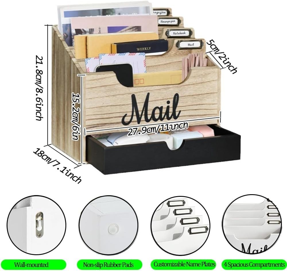 Wood Desktop Mail Organizer with 4 Compartments & Drawer, File Holder