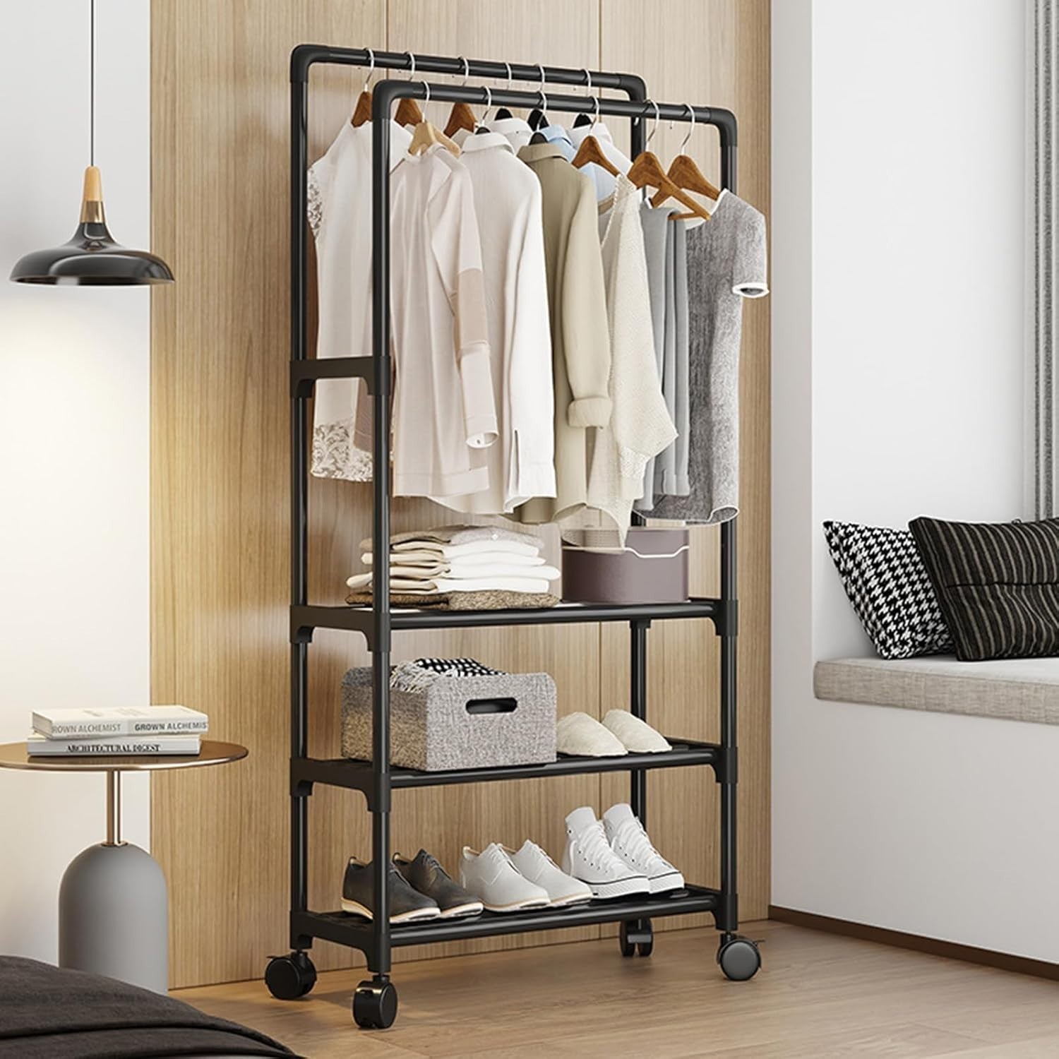 Black Metal Double Clothes Rail with Wheels & Shoe Rack