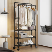 Black Metal Double Clothes Rail with Wheels & Shoe Rack