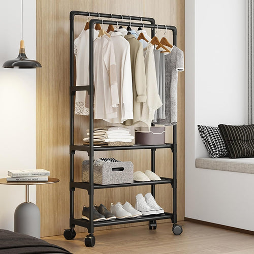 Black Metal Double Clothes Rail with Wheels & Shoe Rack