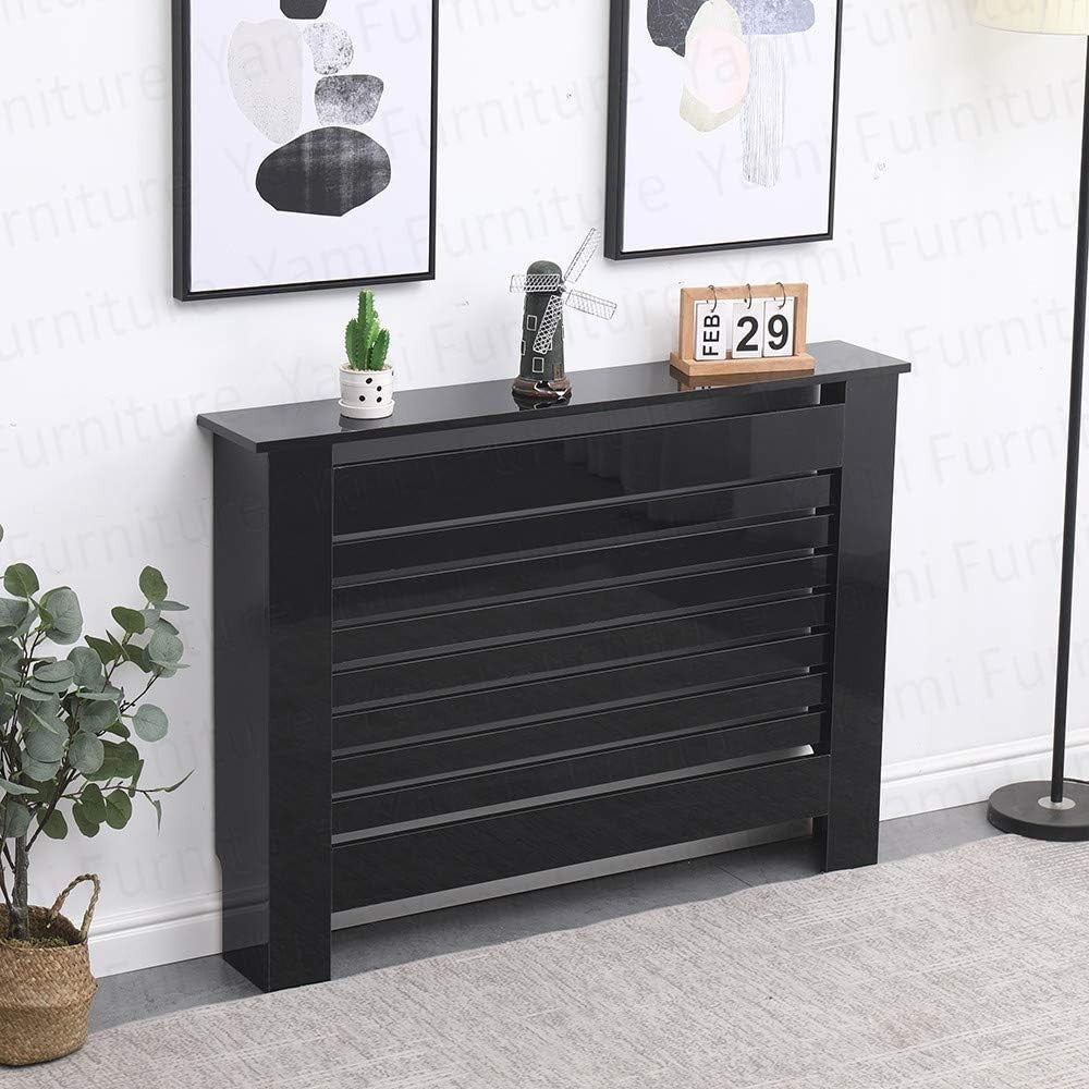 High Gloss Radiator Cover Modern Slatted Cabinet Medium Black