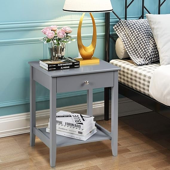 2PCS Grey Bedside Tables Modern Nightstand with Drawer & Shelf Wooden Side Table