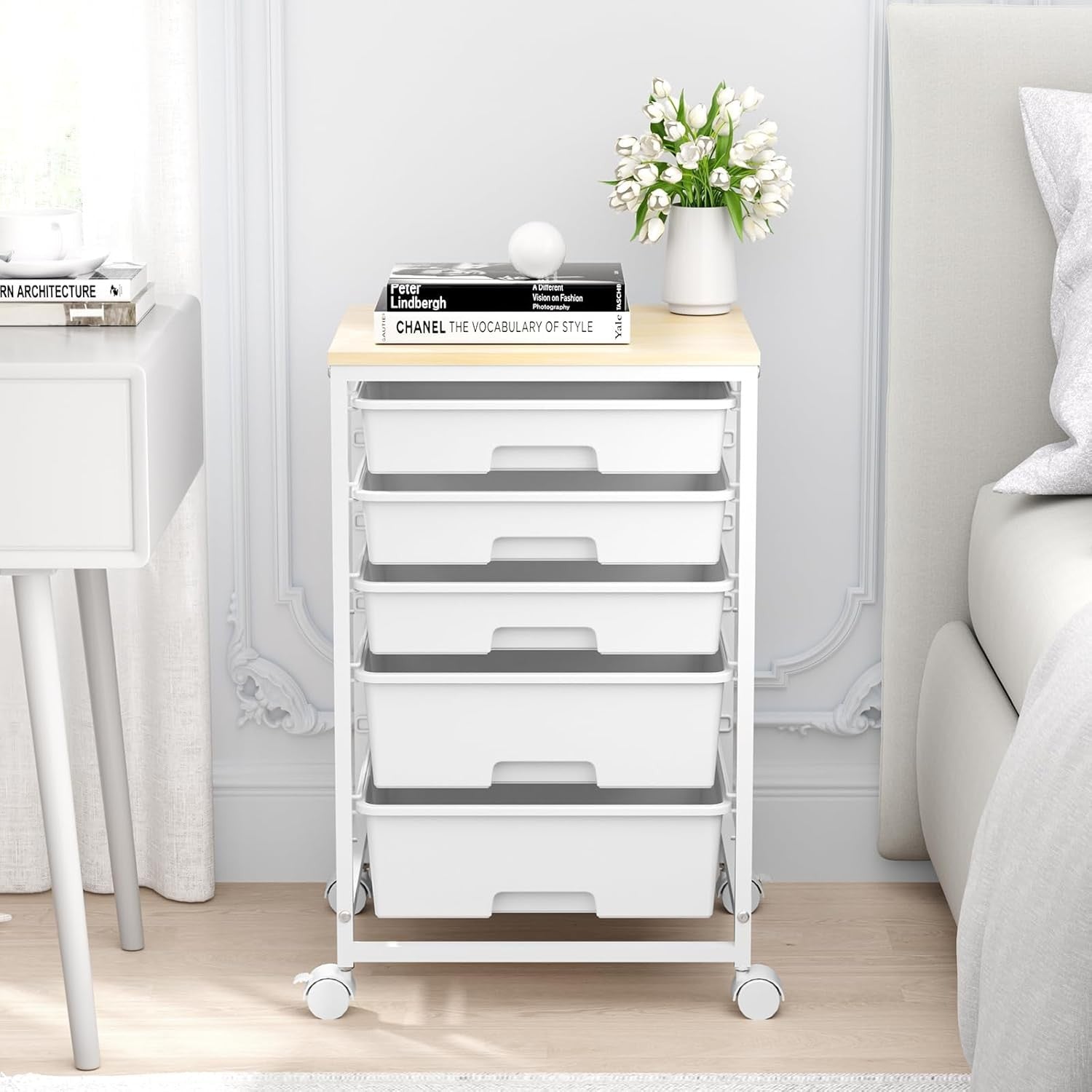 5 Drawer Rolling Storage Trolley Cart with Wheels Utility Organizer White