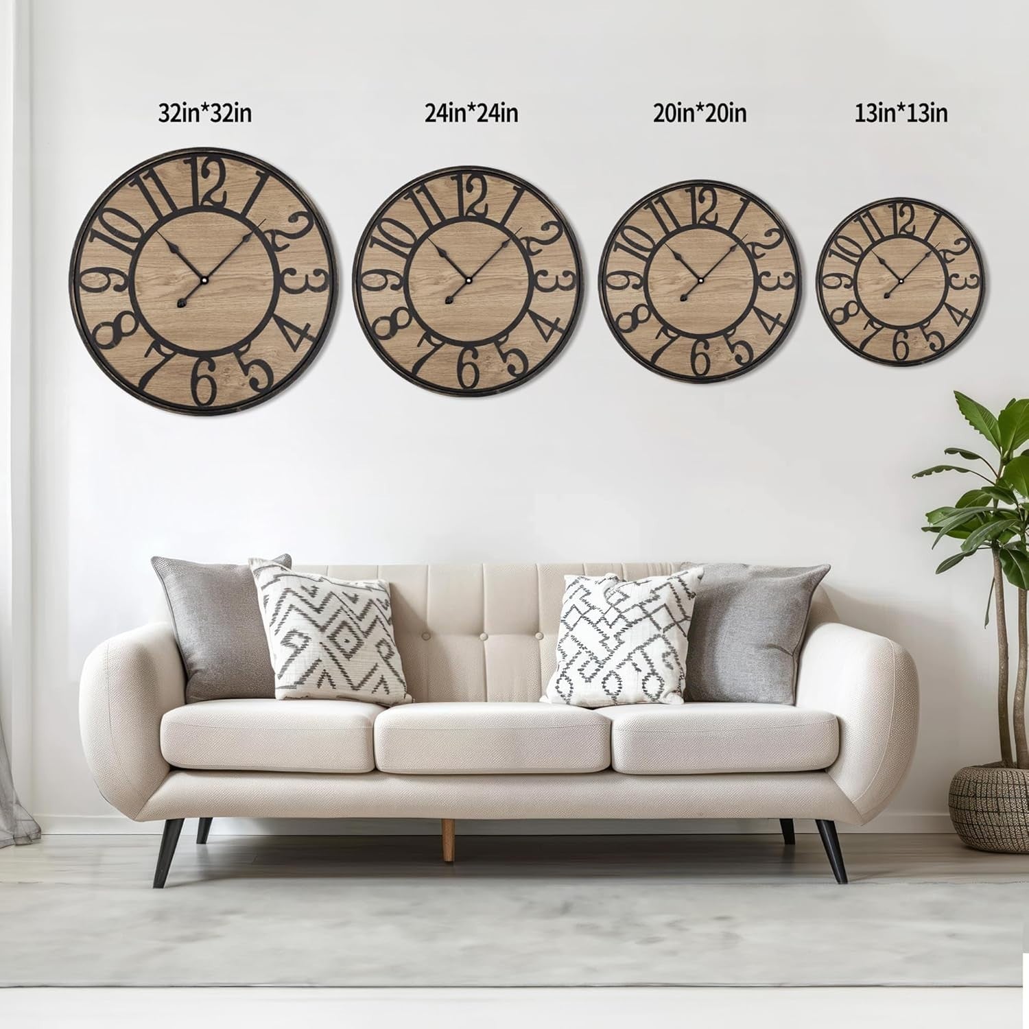 Rustic Wall Clock 20" Silent Wood Metal Bronze Large Farmhouse Decor