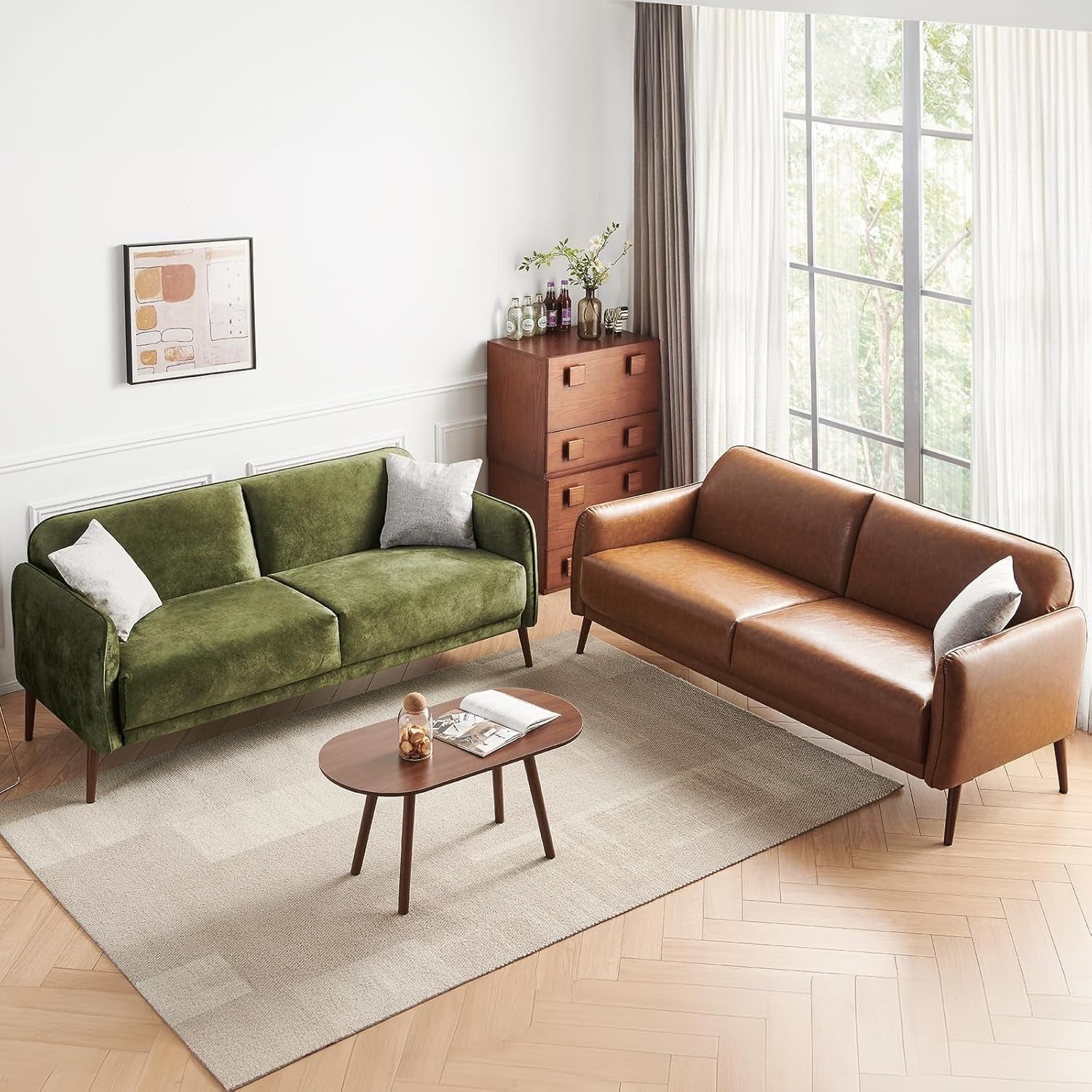 Velvet Loveseat Sofa 2-3 Seater Green Modern Couch for Lounge or Office