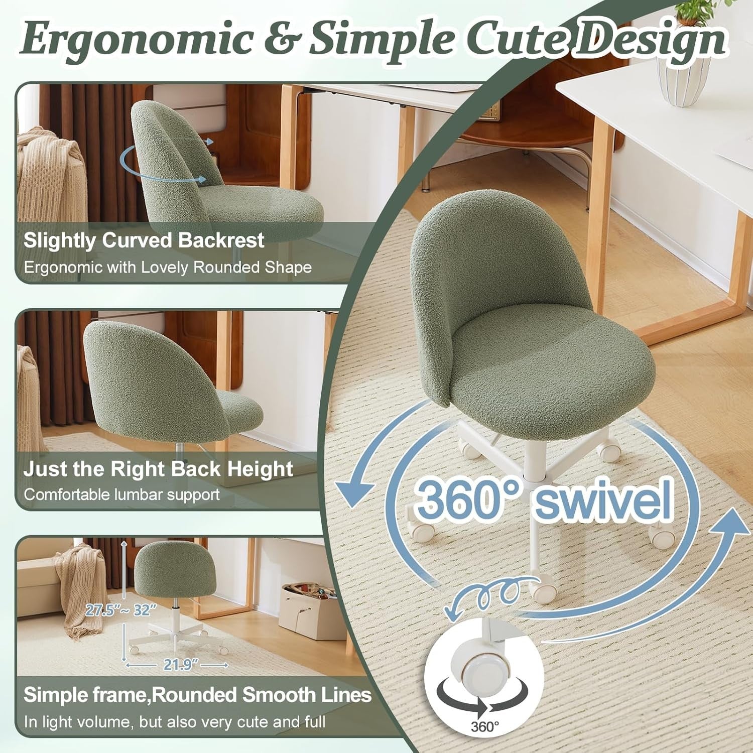 Light Green Velvet Vanity Chair with Back – Small Swivel Office Makeup Seat