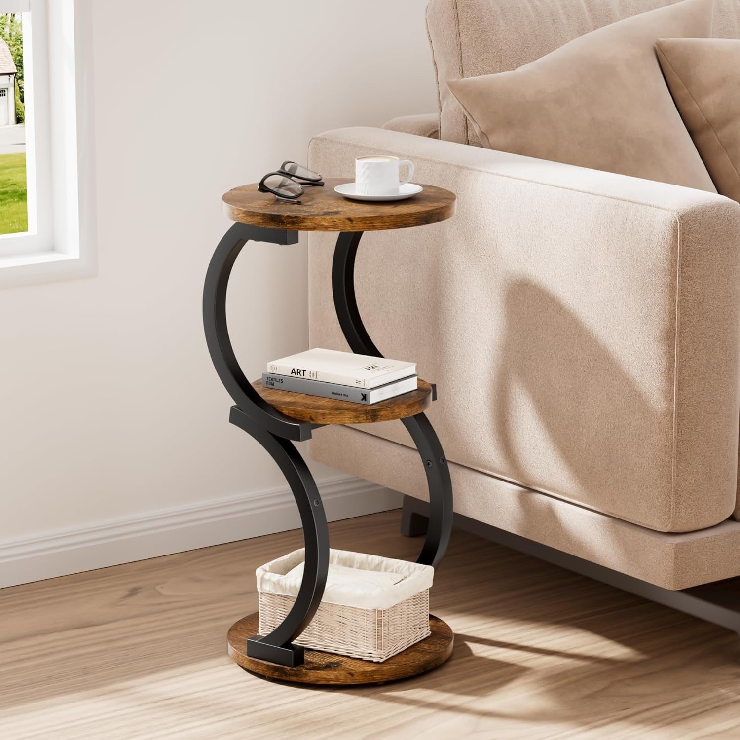 3-Tier Round Small Side Table with Storage, Rustic Brown S-Shaped End Table