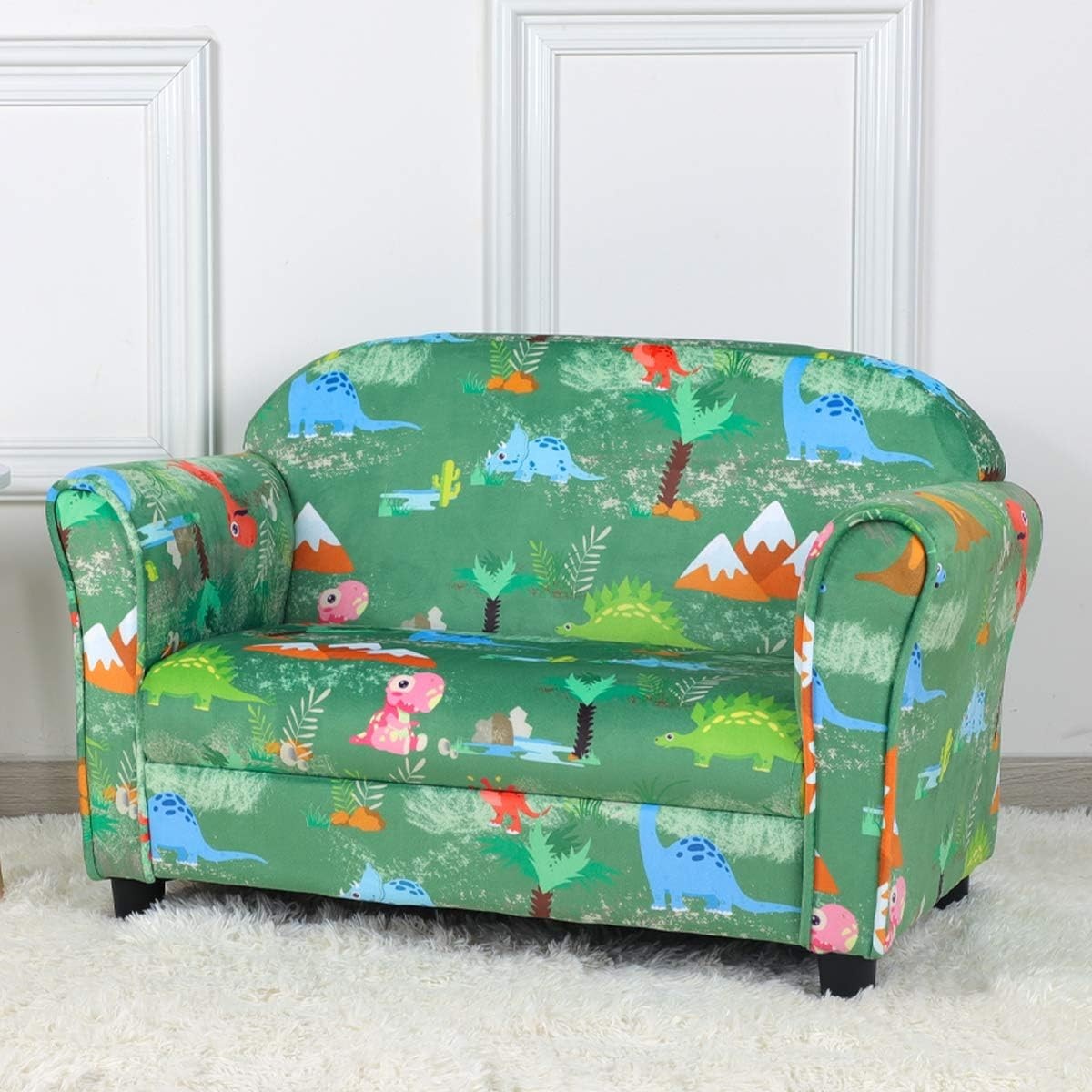 Kids 2 Seater Sofa Chair Dinosaur Pattern Upholstered Velvet Couch Green