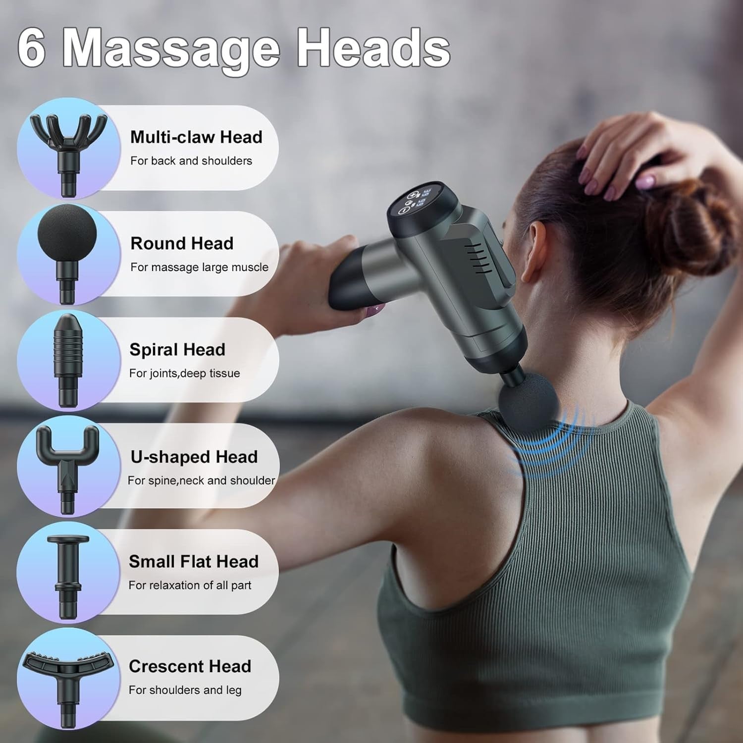 Massage Gun Deep Tissue Percussion 99 Speeds LCD Touch 6 Heads Portable