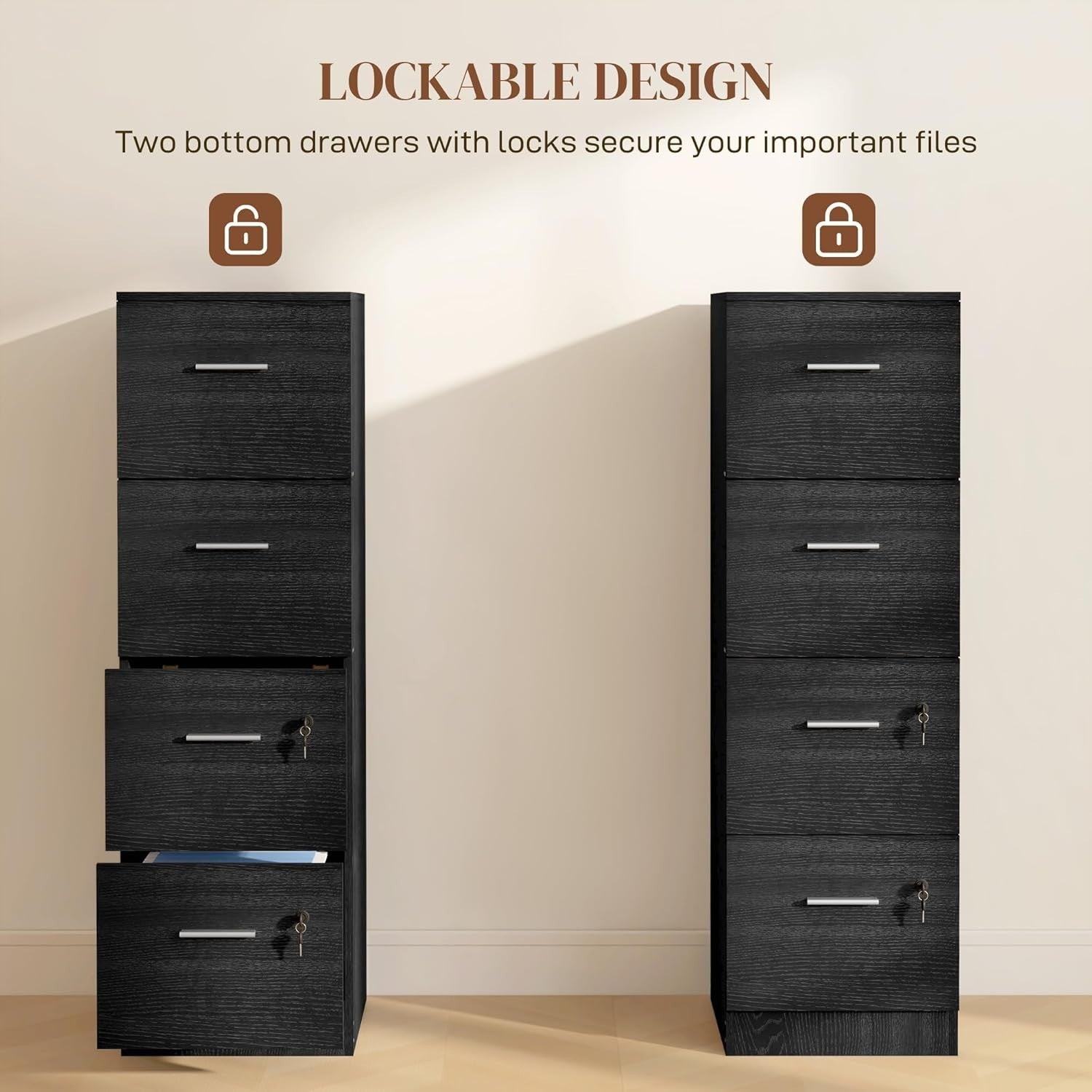 4 Drawer Vertical Filing Cabinet with Lock Office Storage Wood Effect Black