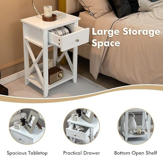 Modern X-Shaped Bedside Tables 2-Set with Drawer & Shelf for Bedroom Living Room