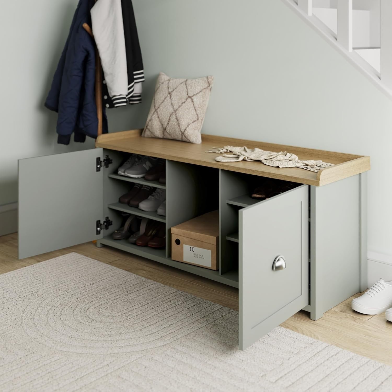 Grey 2-Door Shoe Storage Bench – Oak Entryway Seat & Hallway Organizer