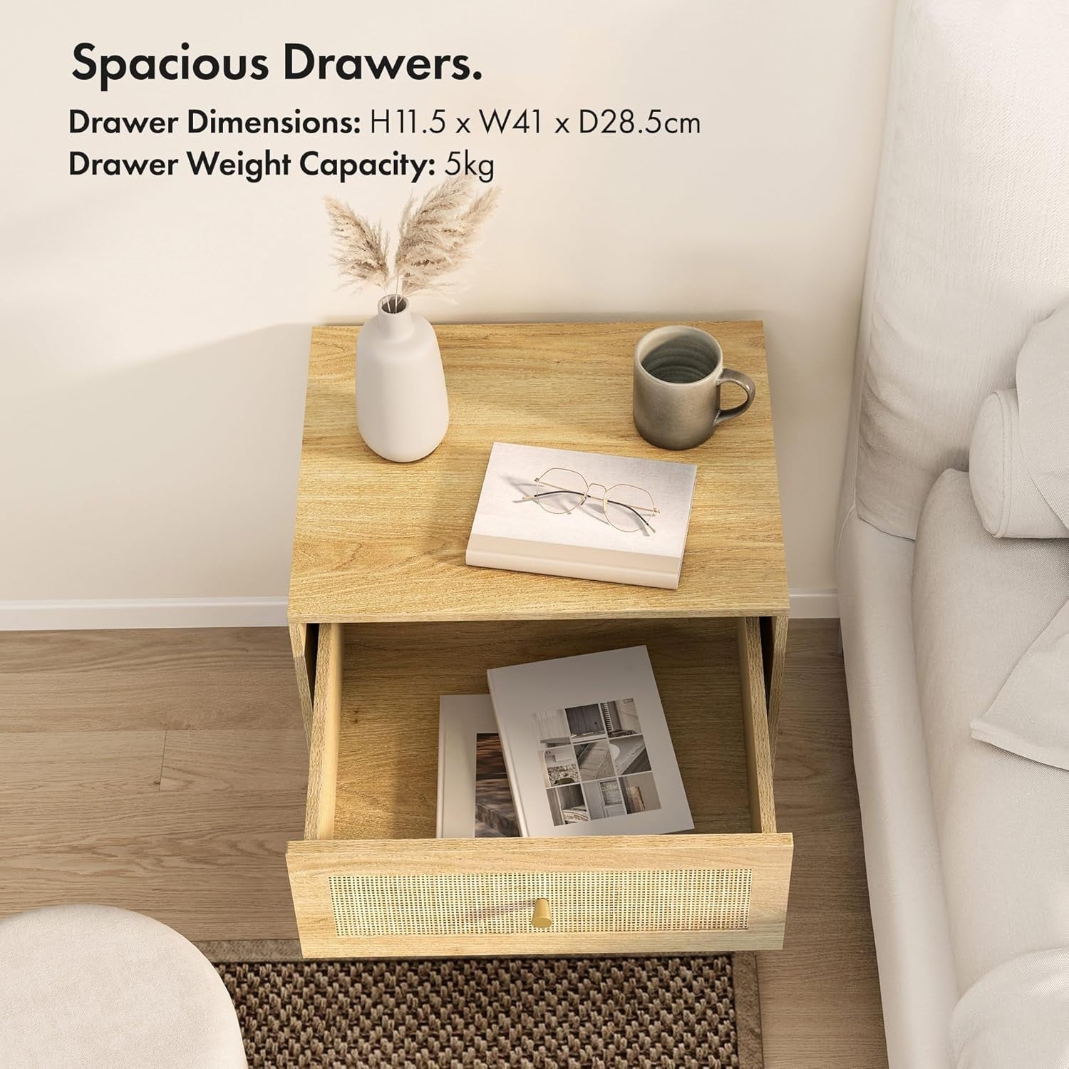 Set of 2 Rattan Bedside Tables – Scandi Boho 2 Drawer Wooden Nightstands