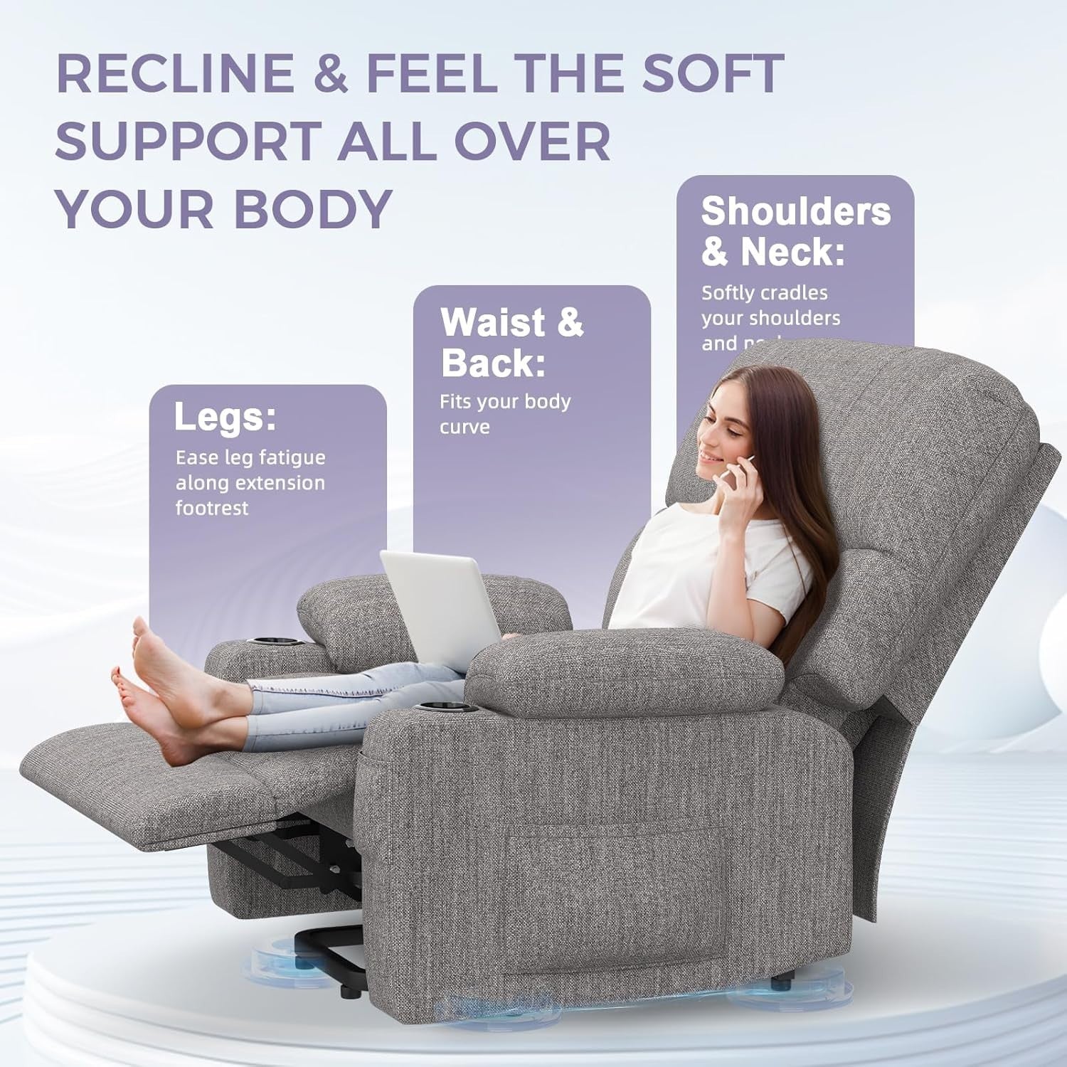 Electric Recliner Chair Massage Heat Oversized Lift USB Type-C Grey Armchair