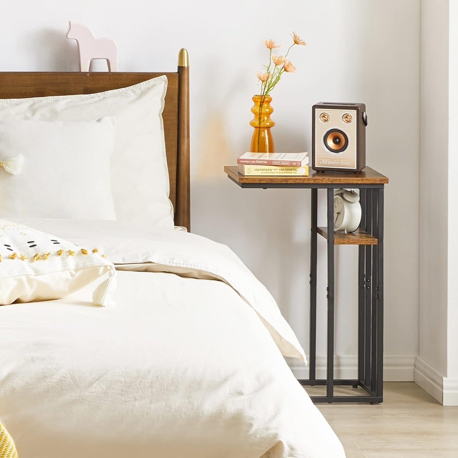 Rustic Brown C-Shaped Side Table 40x26x60 cm | Small End Table for Sofa & Bed