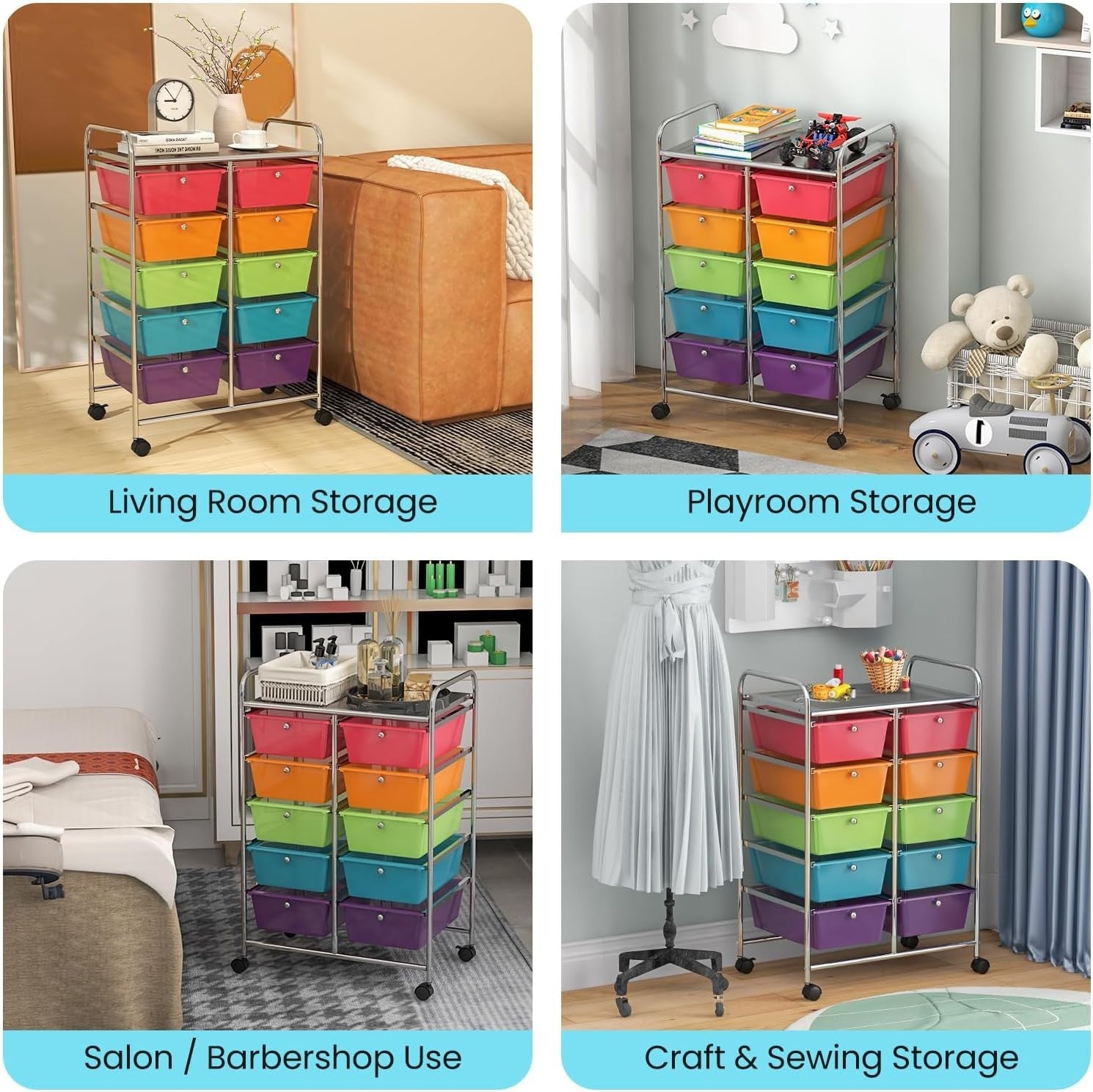 Rainbow 10 Drawer Rolling Storage Cart Utility Trolley Craft Organizer