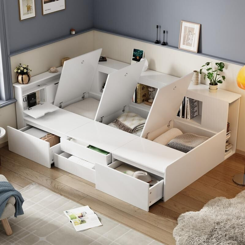 White Kids Single Storage Bed 3FT with Drawers Shelves Bookcase Frame 90x190cm