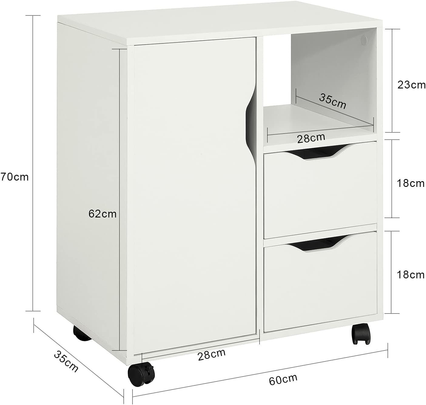 White Mobile Printer Cabinet 2 Drawer 1 Door Under Desk Storage
