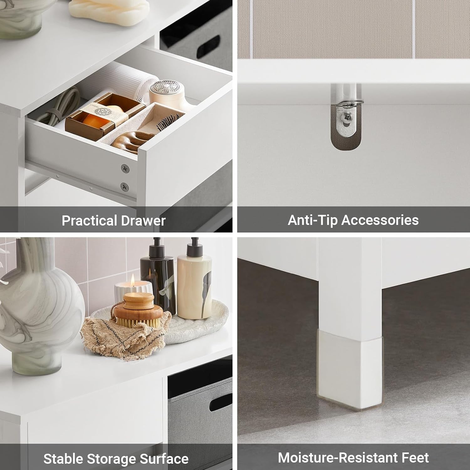 Bathroom Laundry Cabinet with Hidden Basket Drawers Storage Unit White
