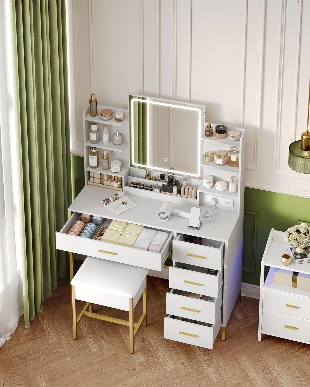 Gold Vanity Dressing Table Set Makeup Desk LED Mirror 5 Drawers Stool White