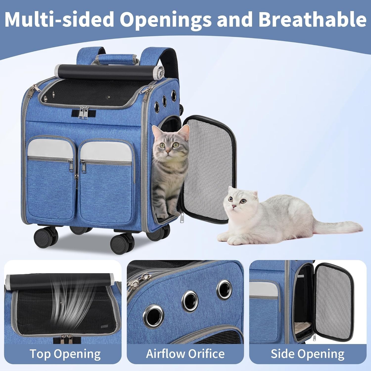 Cat Carrier with Wheels 3-in-1 Backpack Trolley Travel Bag Blue