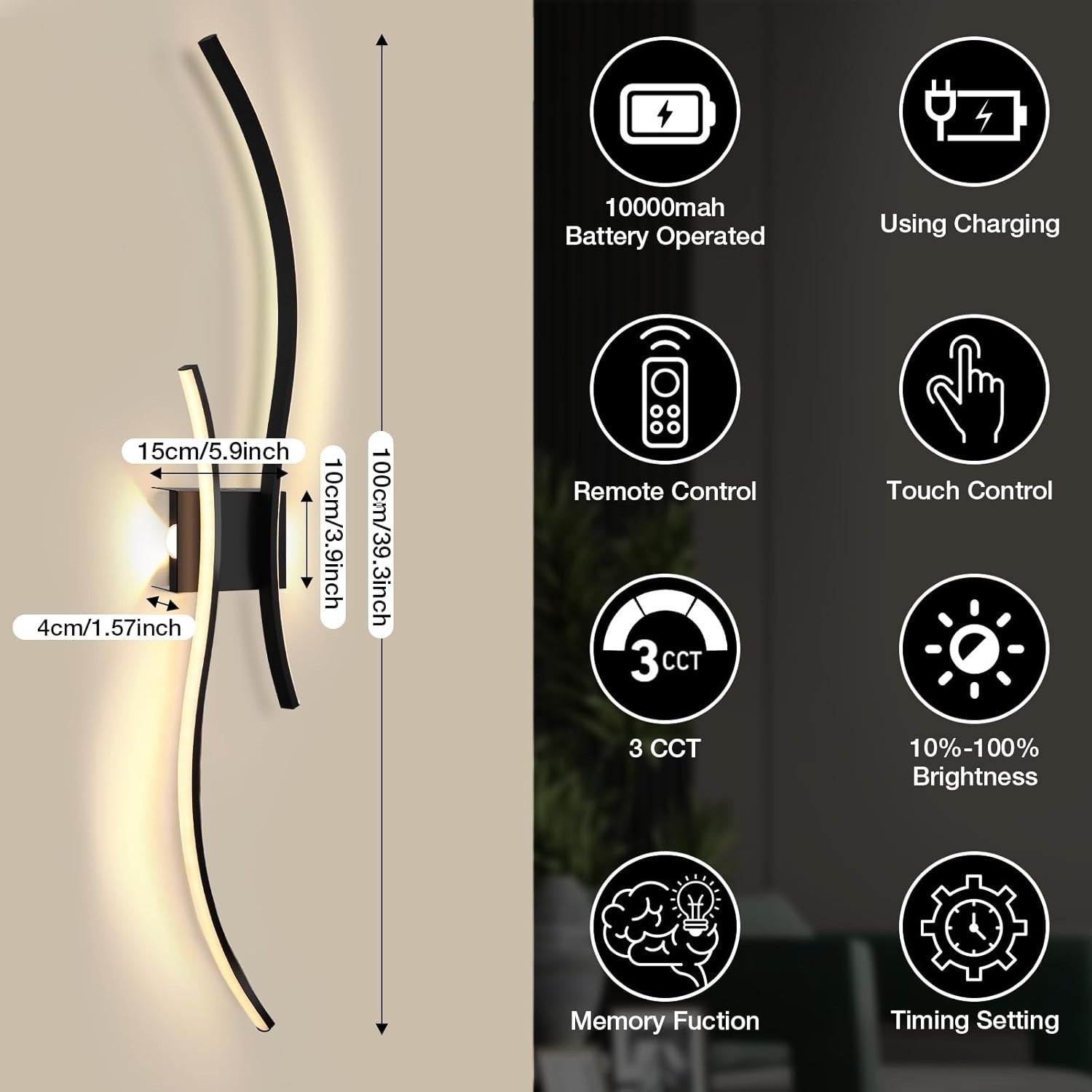 Wireless Battery Operated Wall Lights 2-Pack with Remote, Dimmable, 3000K-6000K