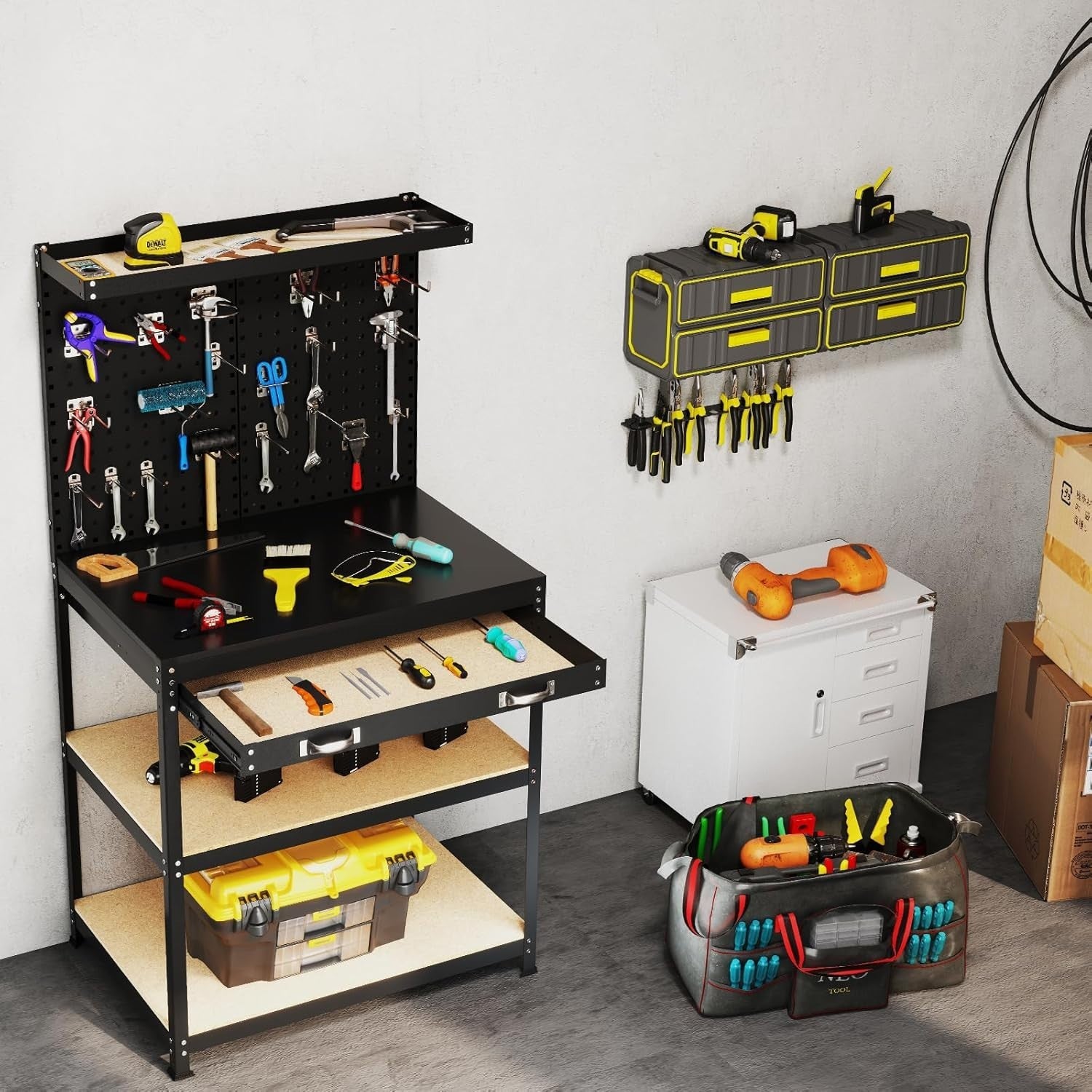 Heavy Duty Garage Workbench with Pegboards Drawer Shelves 290kg Tool Station