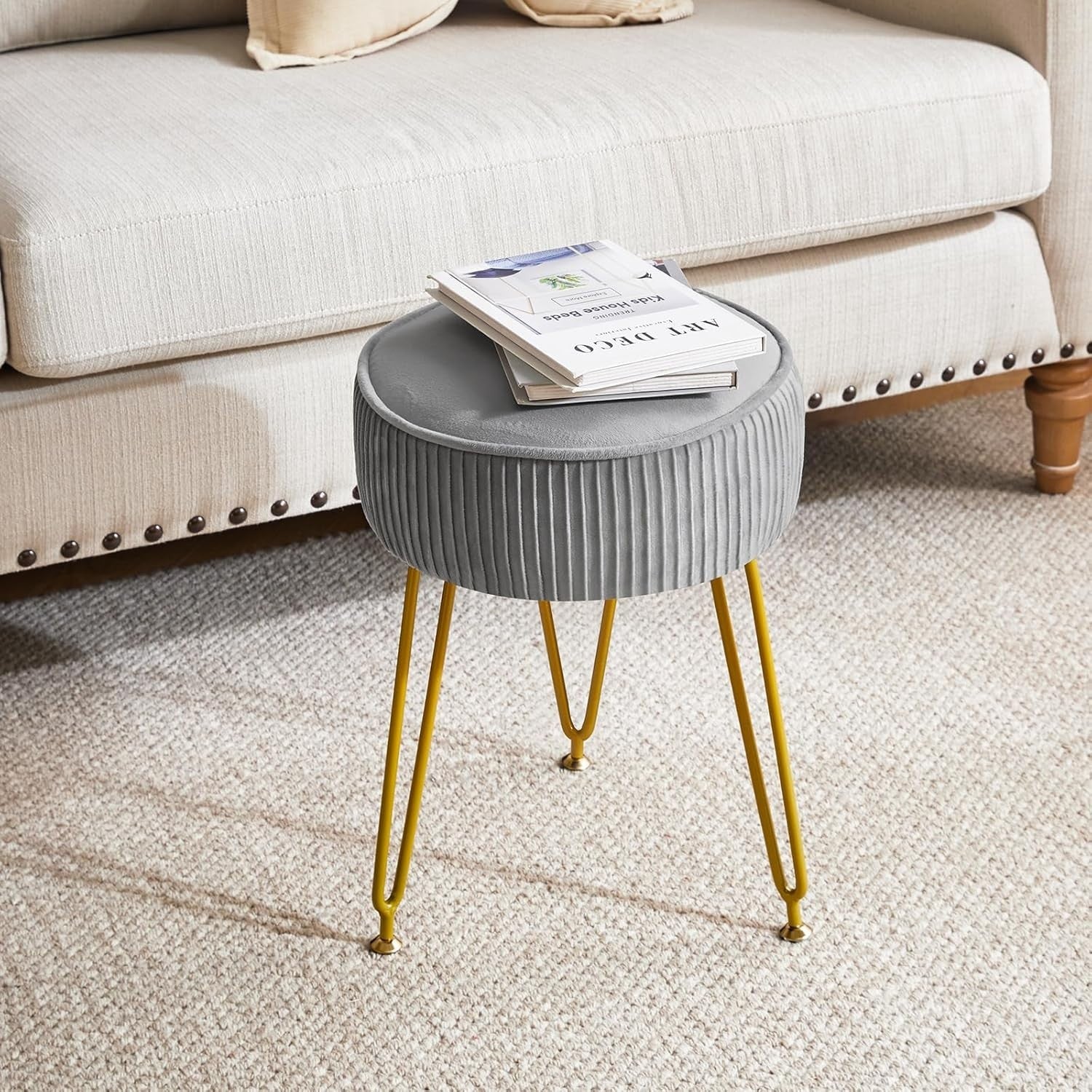 Gray Round Velvet Footrest Ottoman – Makeup Vanity Stool with Gold Legs