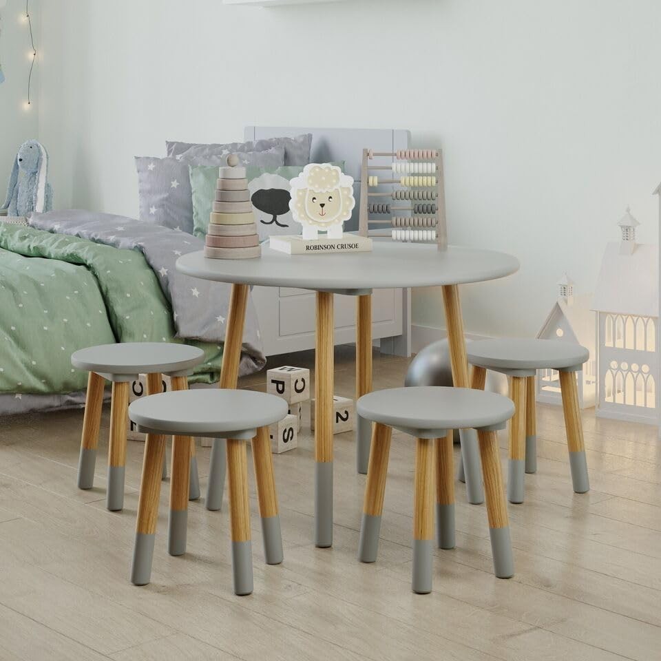 Kids Wooden Round Table & 4 Chair Set Grey, Sturdy Toddler Activity Furniture