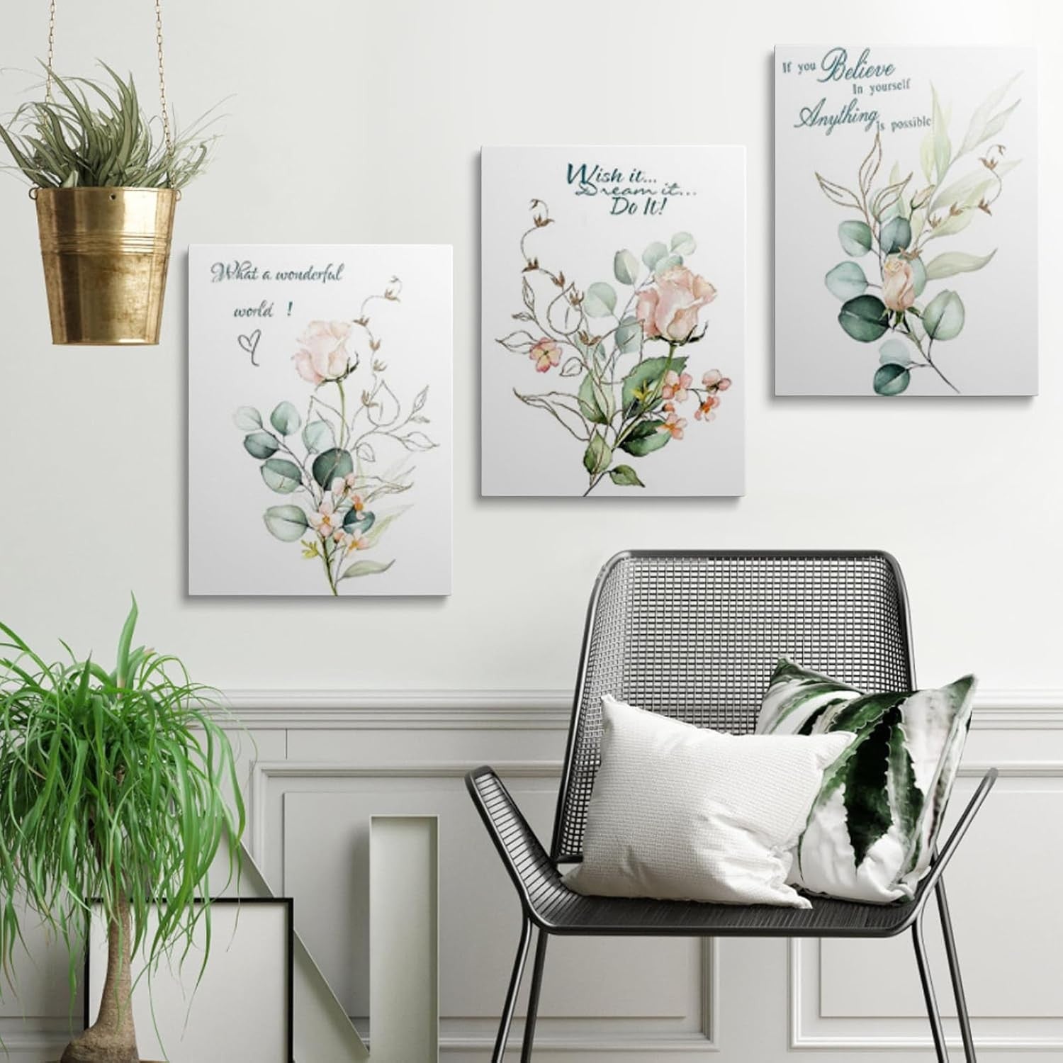 Green Botanical Wall Art Set of 3 Framed Canvas 12x16in